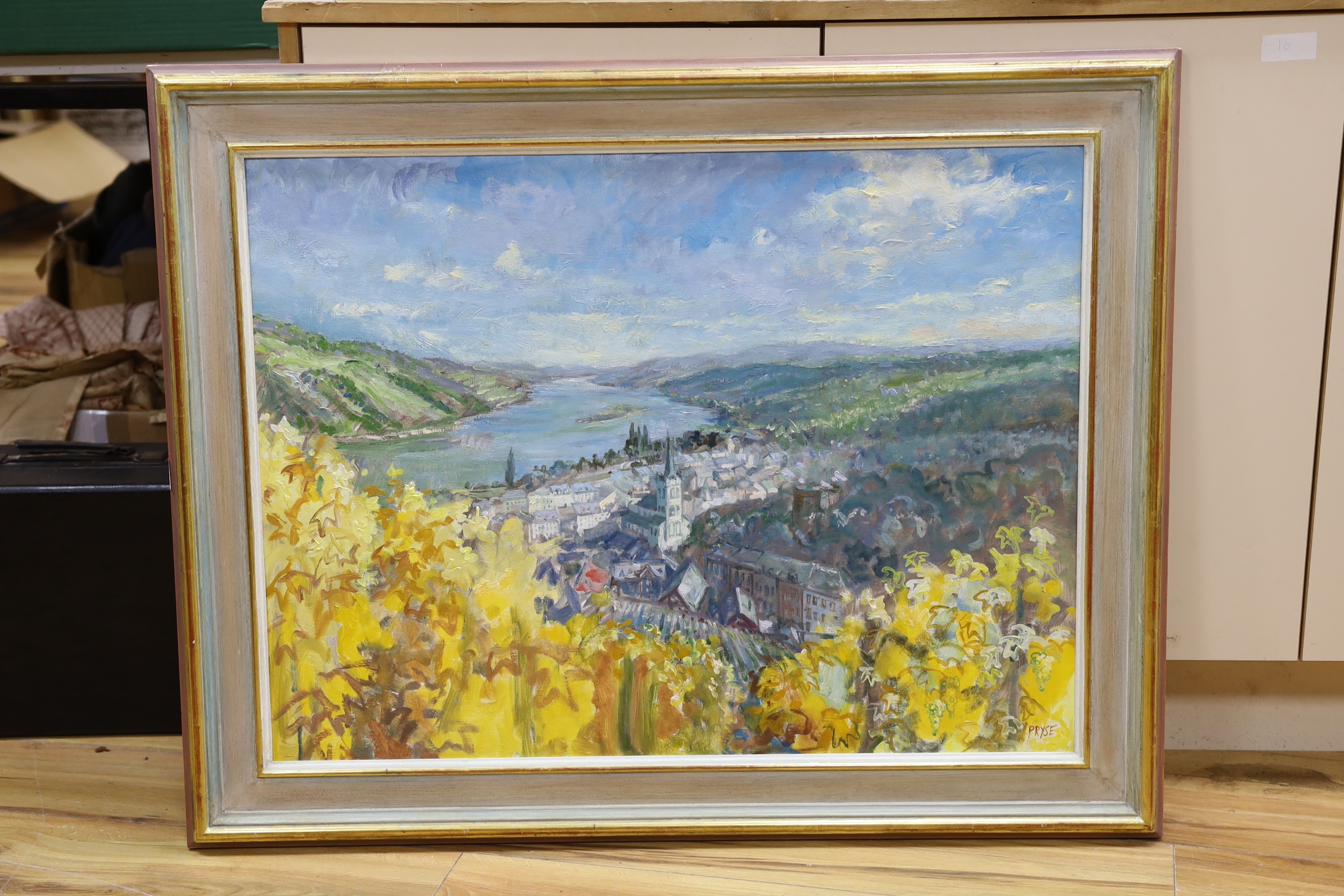 Tessa Spencer Pryse (b.1940), oil on board, 'Vineyards, The Rhine, near Bacharach', signed and inscribed verso, 60 x 80cm